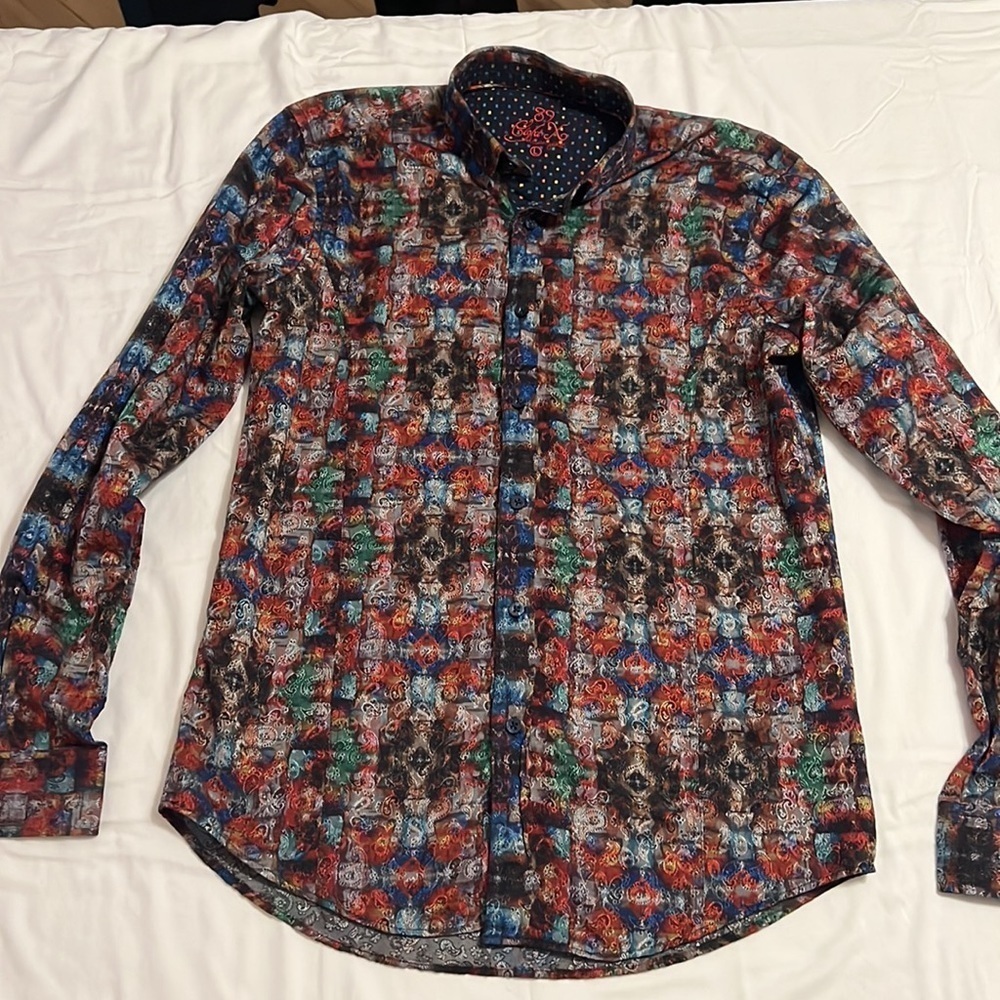 Eight X multicolor, dark Paisley button down shirt.